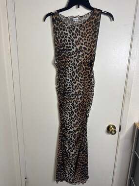 GANNI Sleeveless Leopard Print Sheer Mesh Ruched Midi/ Maxi Dress Size 36 S/M